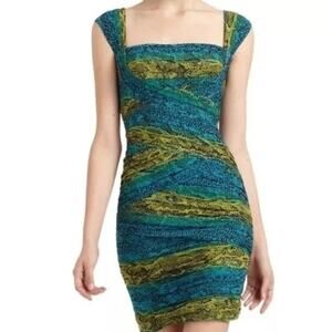 BCBGMAXAZRIA Womens Blue Turqouise & Yellow Snakeskin Print Ruched Mesh Dress XS